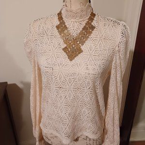 Cotton Mix Blouse in Ivory with Puff Sleeves and High Neck Morgan de Toi